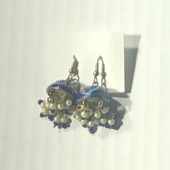 Vintage Jhumka Chandelier Earrings Half Sphere Enamel Beaded Tassels Blue/Gold $ - Picture 6 of 8